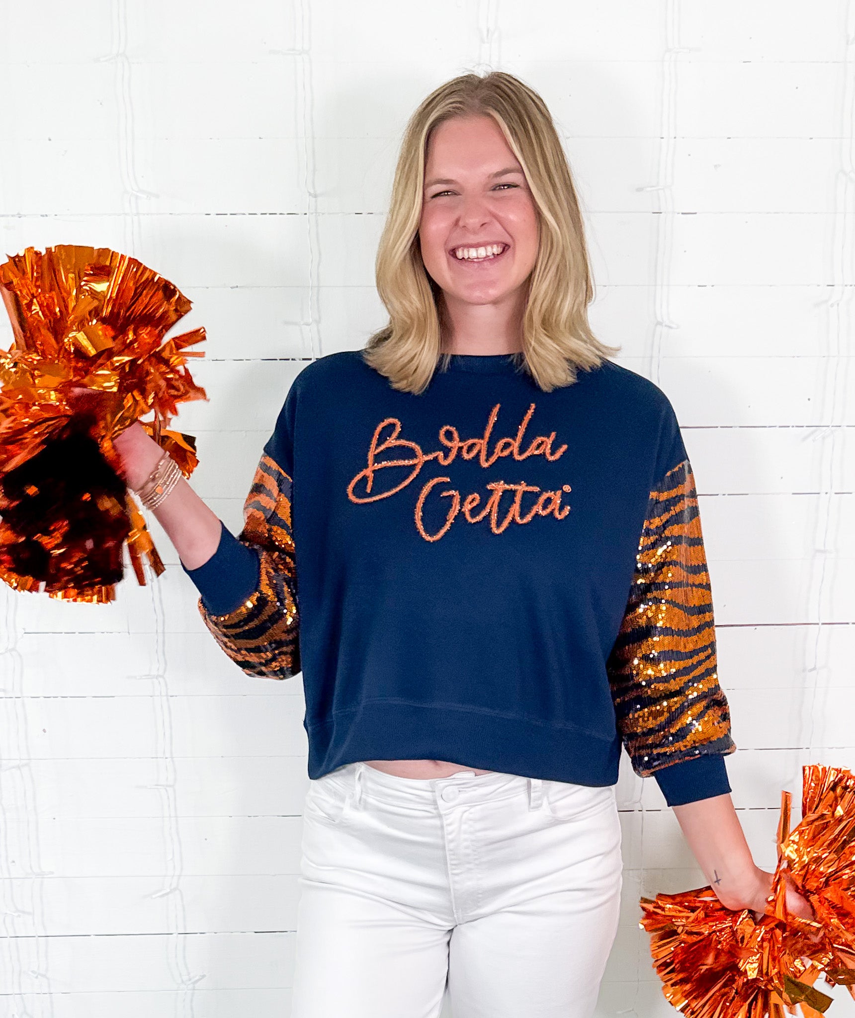 Millie Navy Bodda Tiger Sequin Sleeve Sweatshirt Mary Square