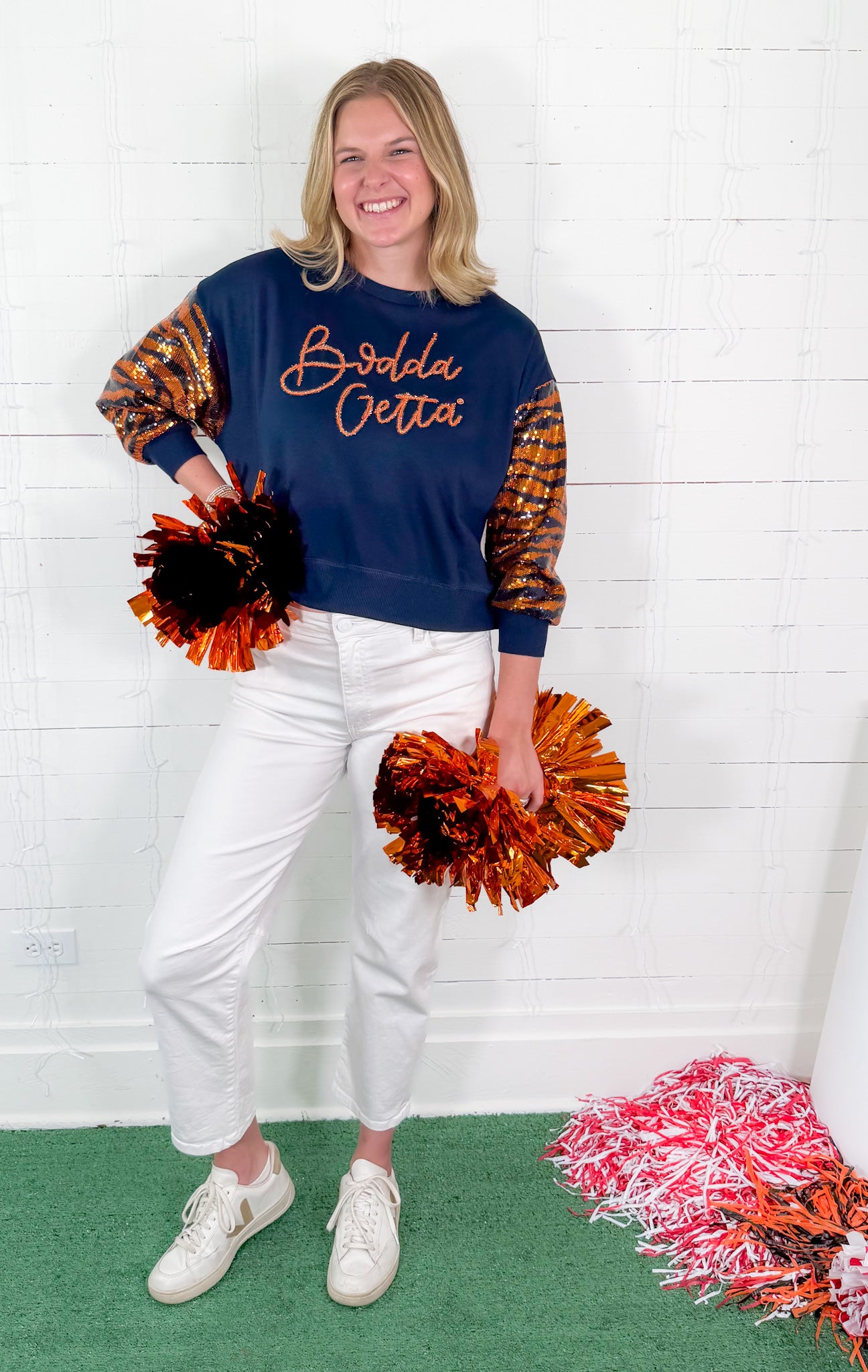 Millie Navy Bodda Tiger Sequin Sleeve Sweatshirt Mary Square