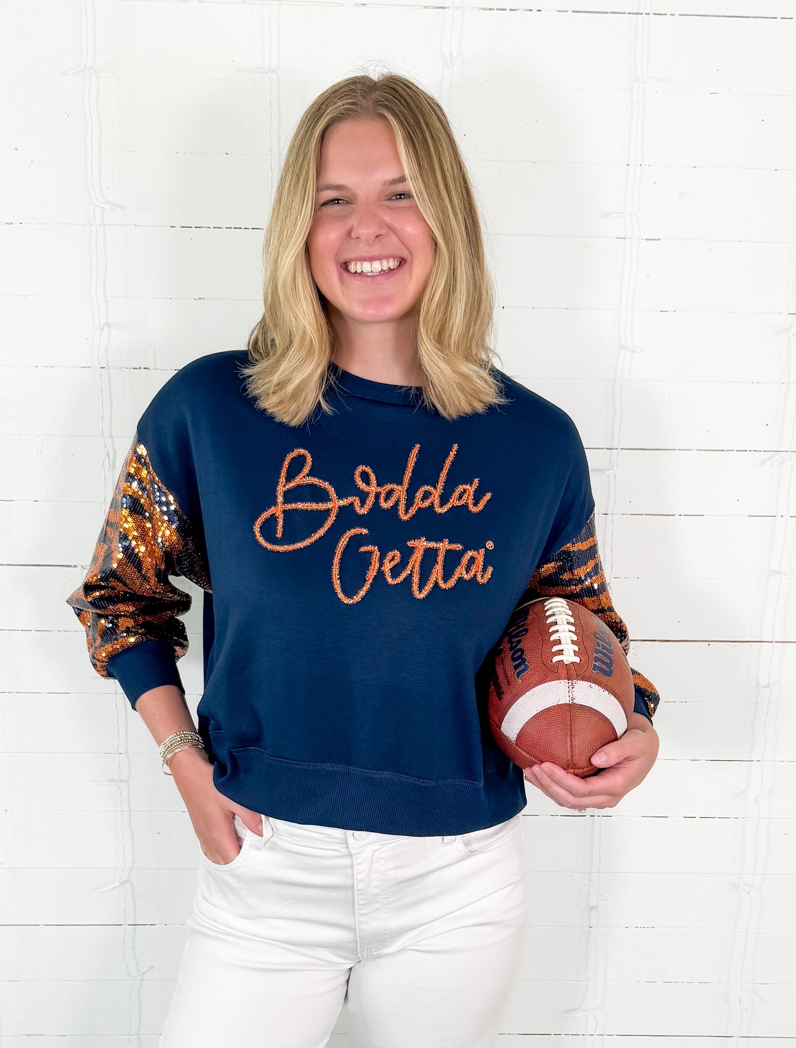 Millie Navy Bodda Tiger Sequin Sleeve Sweatshirt Mary Square