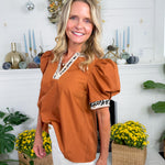 Milsaps Caramel + Leopard Trim Top Entro