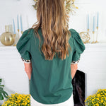 Milsaps Hunter Green + Leopard Trim Top Entro