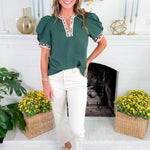 Milsaps Hunter Green + Leopard Trim Top Entro