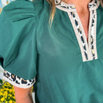 Milsaps Hunter Green + Leopard Trim Top Entro