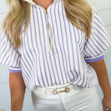 Mims Lilac Seersucker Stripe Zip Neck Top Entro