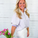 Mims Lilac Seersucker Stripe Zip Neck Top Entro