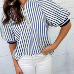 Mims Navy Seersucker Stripe Zip Neck Top Entro