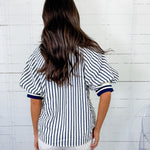 Mims Navy Seersucker Stripe Zip Neck Top Entro