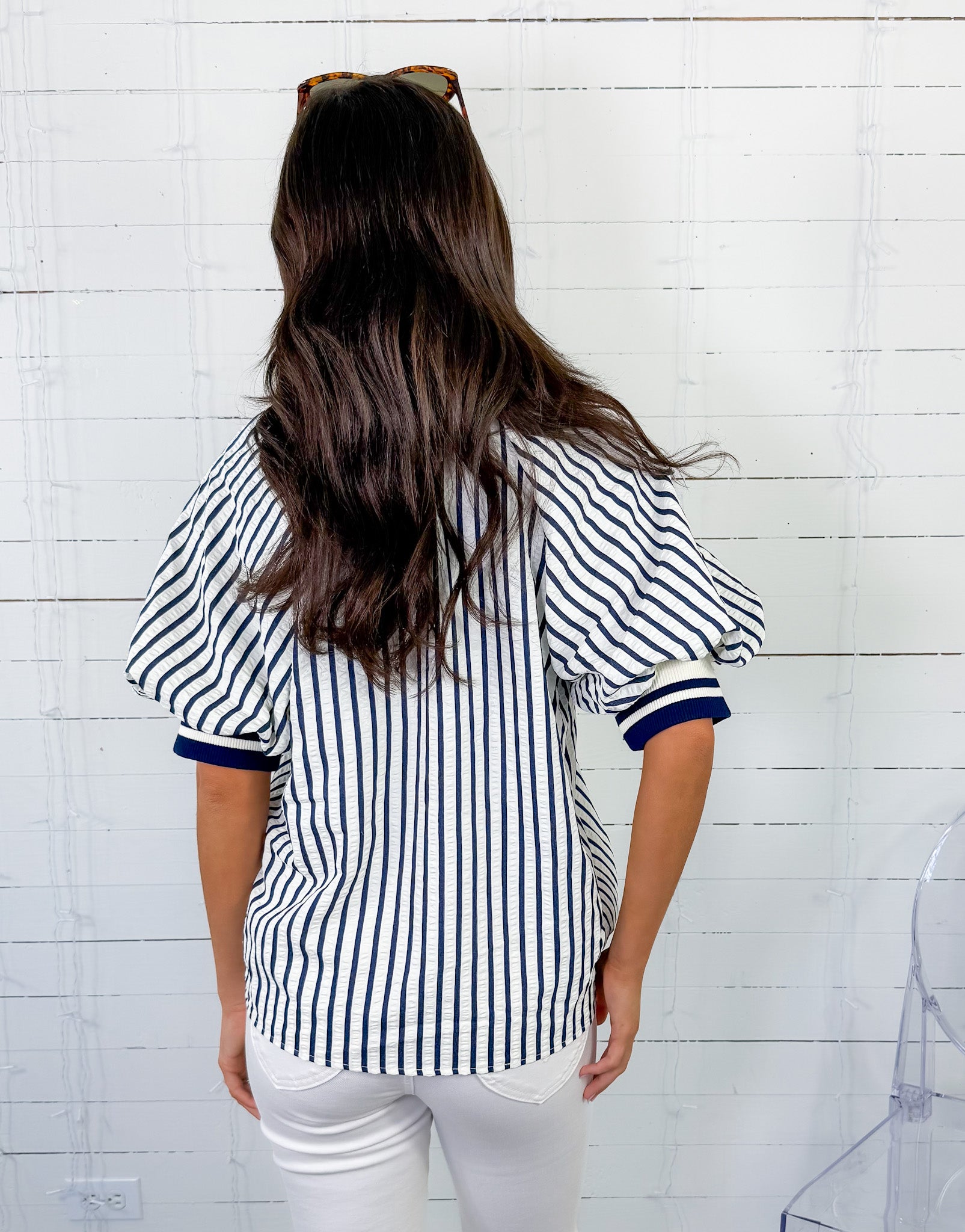 Mims Navy Seersucker Stripe Zip Neck Top Entro