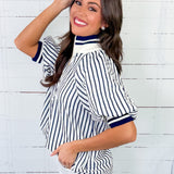 Mims Navy Seersucker Stripe Zip Neck Top Entro