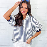Mims Navy Seersucker Stripe Zip Neck Top Entro