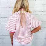 Mims Pink Seersucker Stripe Zip Neck Top
