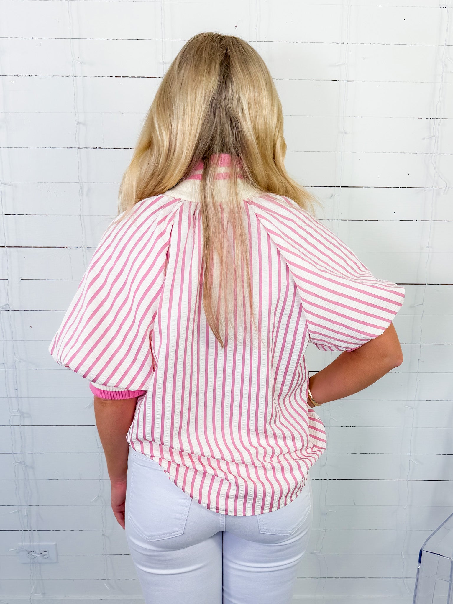 Mims Pink Seersucker Stripe Zip Neck Top