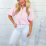 Mims Pink Seersucker Stripe Zip Neck Top