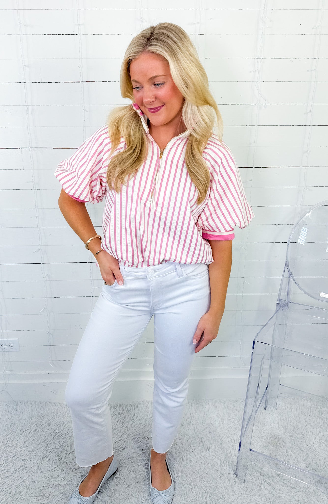 Mims Pink Seersucker Stripe Zip Neck Top