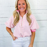 Mims Pink Seersucker Stripe Zip Neck Top