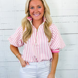 Mims Pink Seersucker Stripe Zip Neck Top