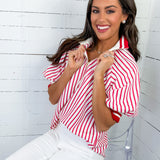 Mims Red Seersucker Stripe Zip Neck Top Entro