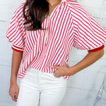 Mims Red Seersucker Stripe Zip Neck Top Entro