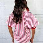Mims Red Seersucker Stripe Zip Neck Top Entro