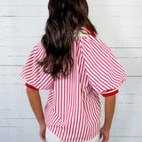 Mims Red Seersucker Stripe Zip Neck Top Entro