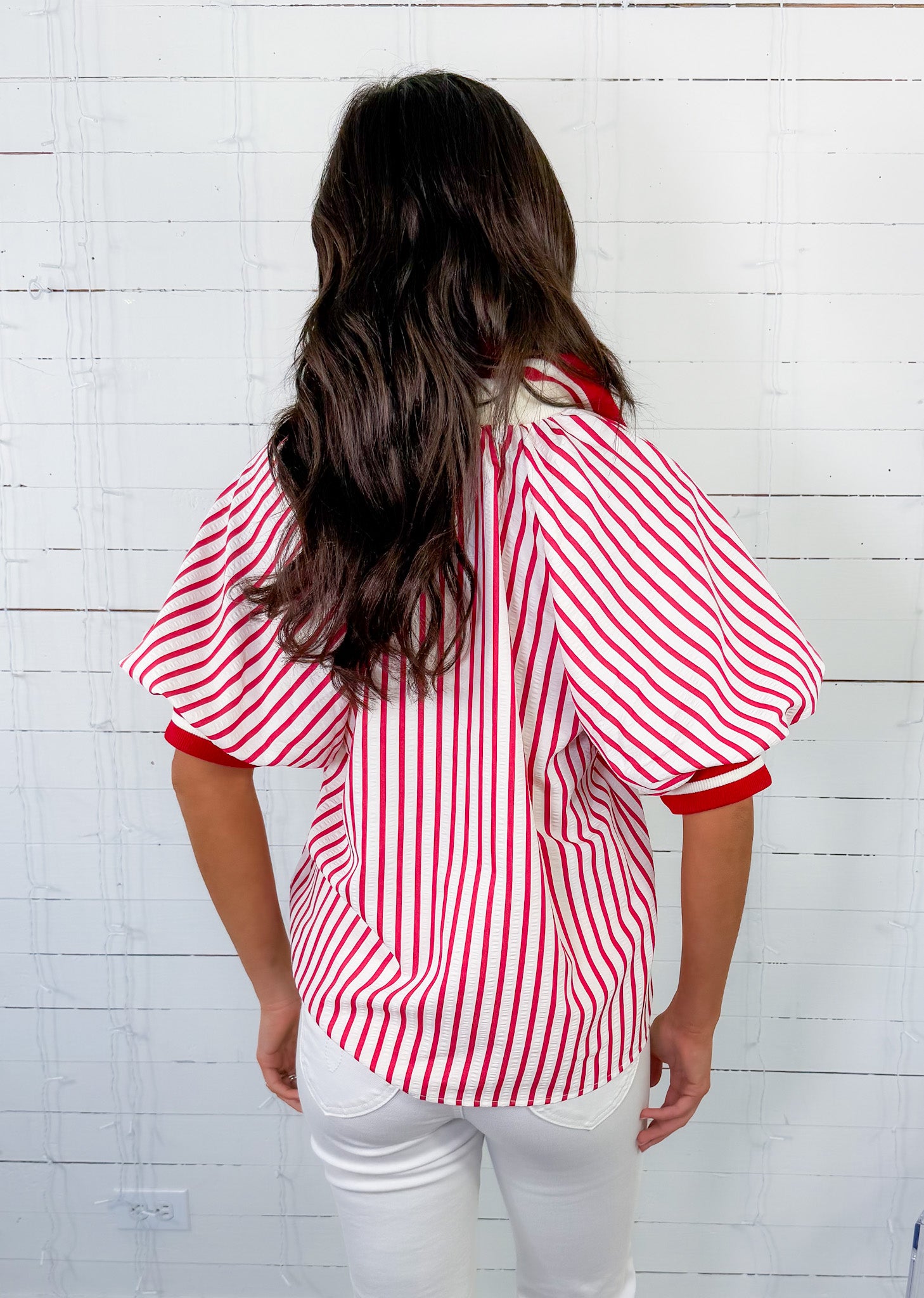 Mims Red Seersucker Stripe Zip Neck Top Entro