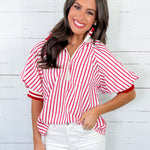 Mims Red Seersucker Stripe Zip Neck Top Entro