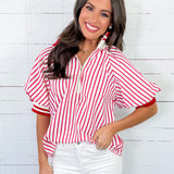 Mims Red Seersucker Stripe Zip Neck Top Entro