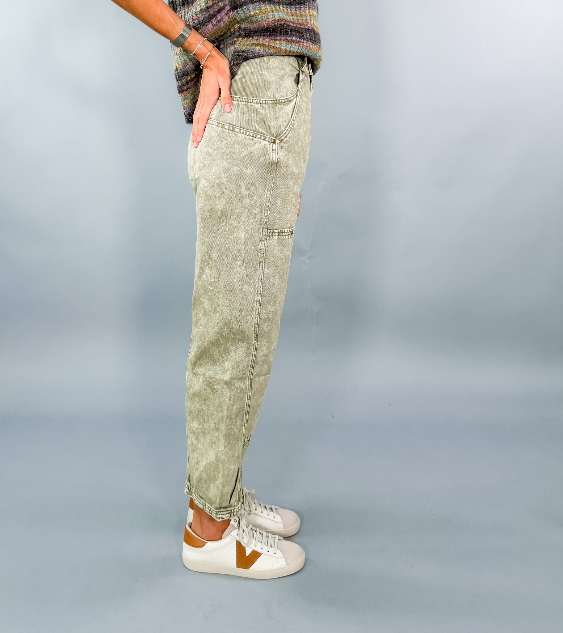 Minerva Mineral Washed Barrel Leg Olive Jeans