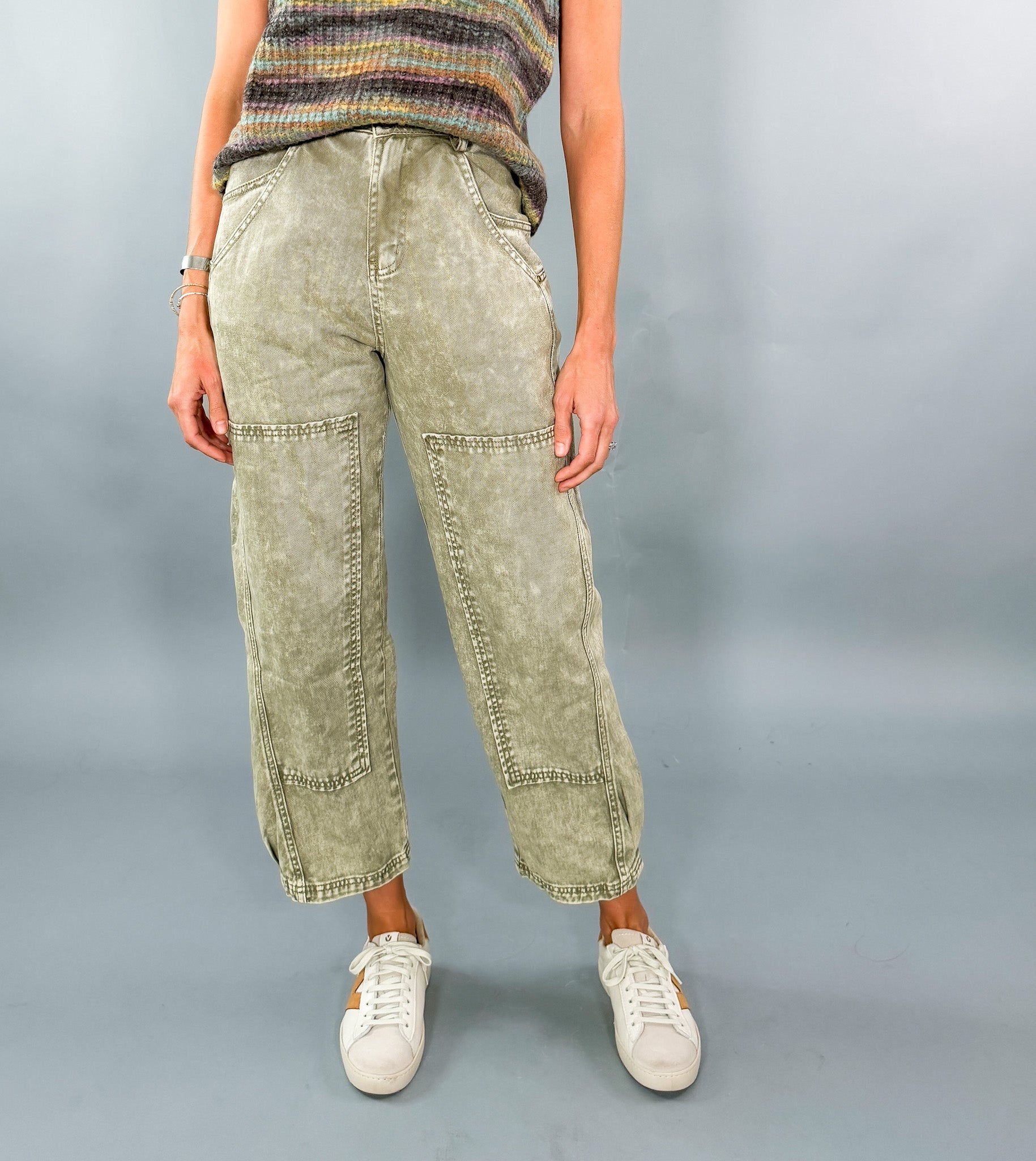 Minerva Mineral Washed Barrel Leg Olive Jeans