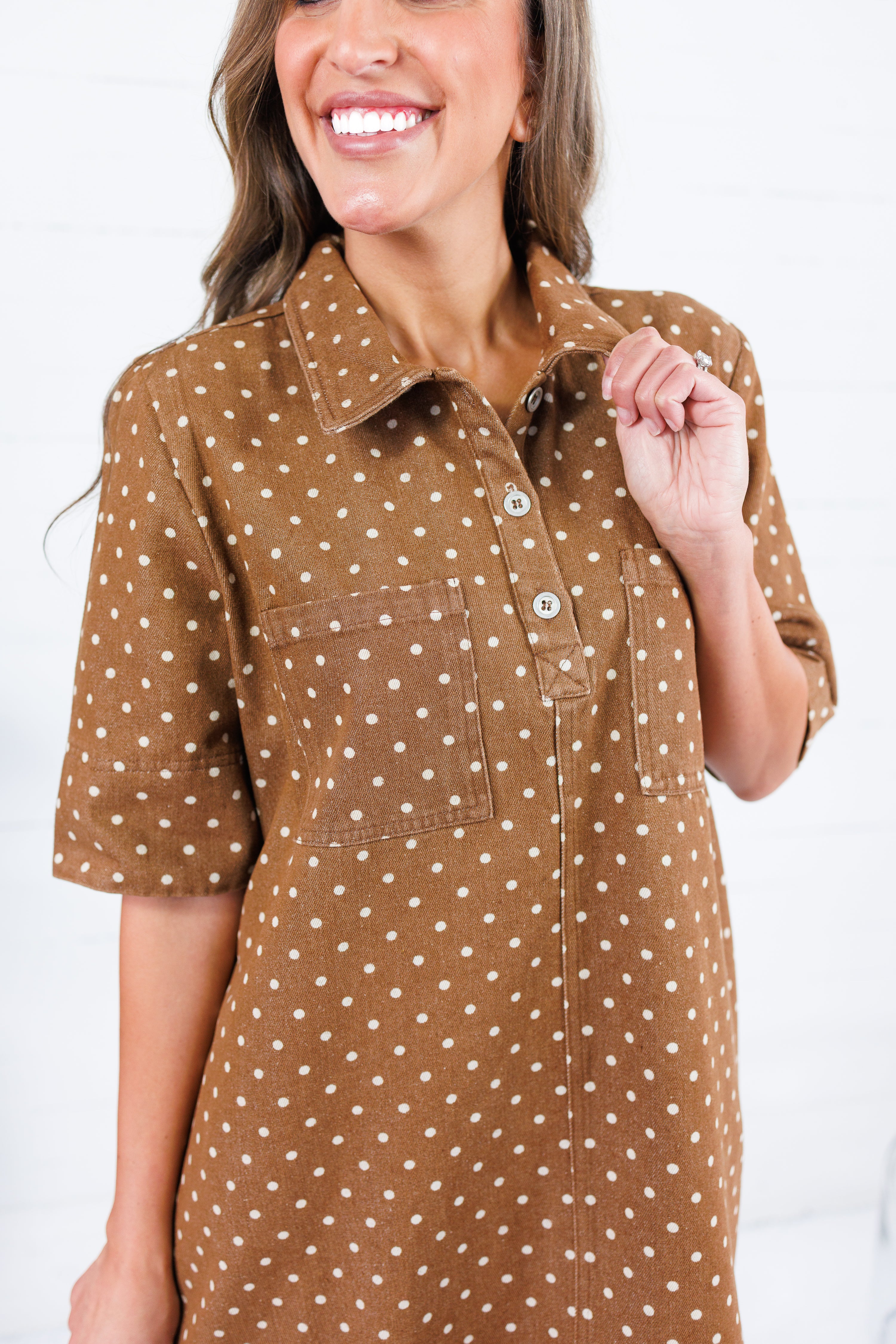 Miranda Brown Polka Dot Denim Mini Dress Sewn and Seen