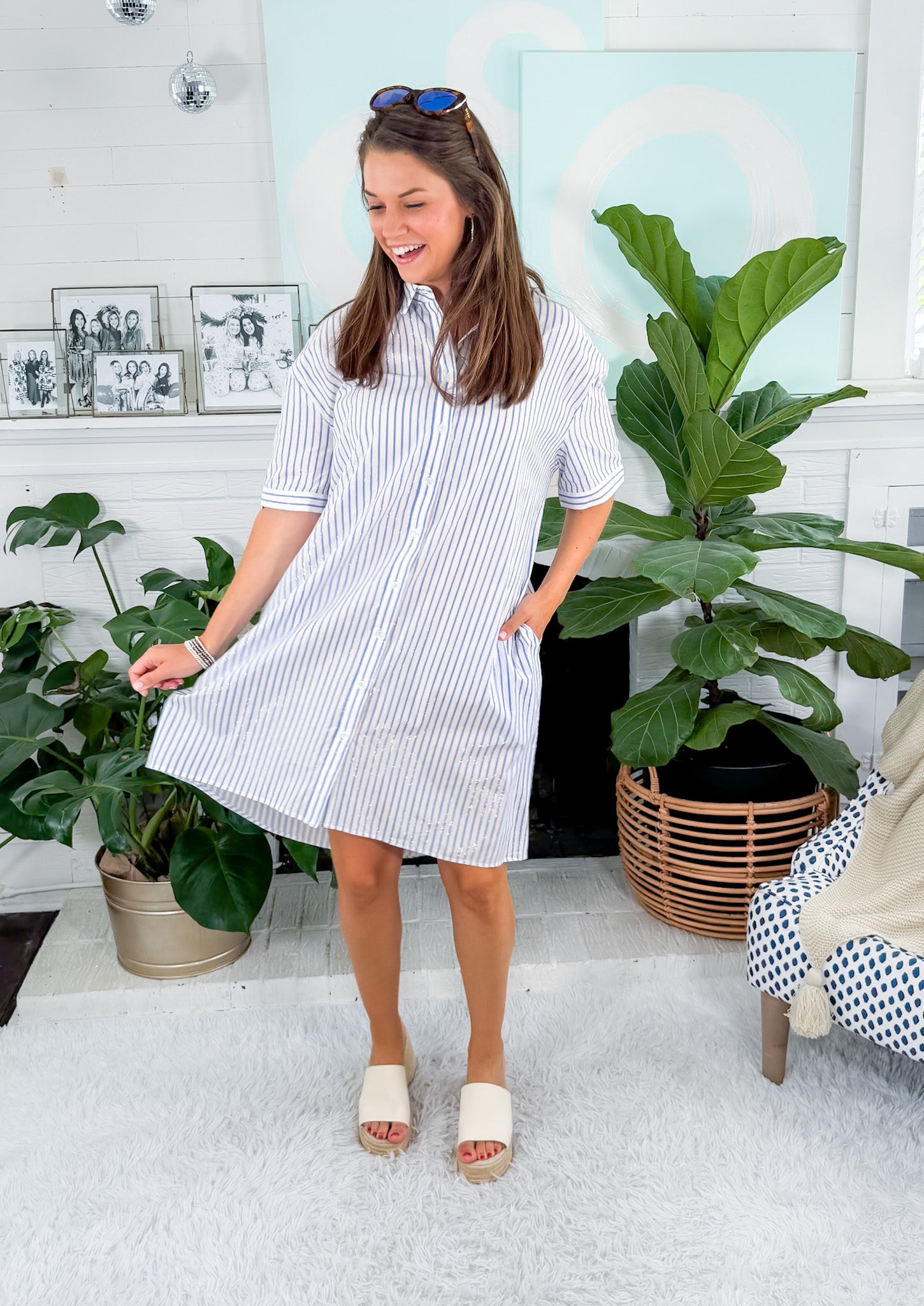 Monica Blue Stripe + Silver Streak Shirt Dress Molly Bracken