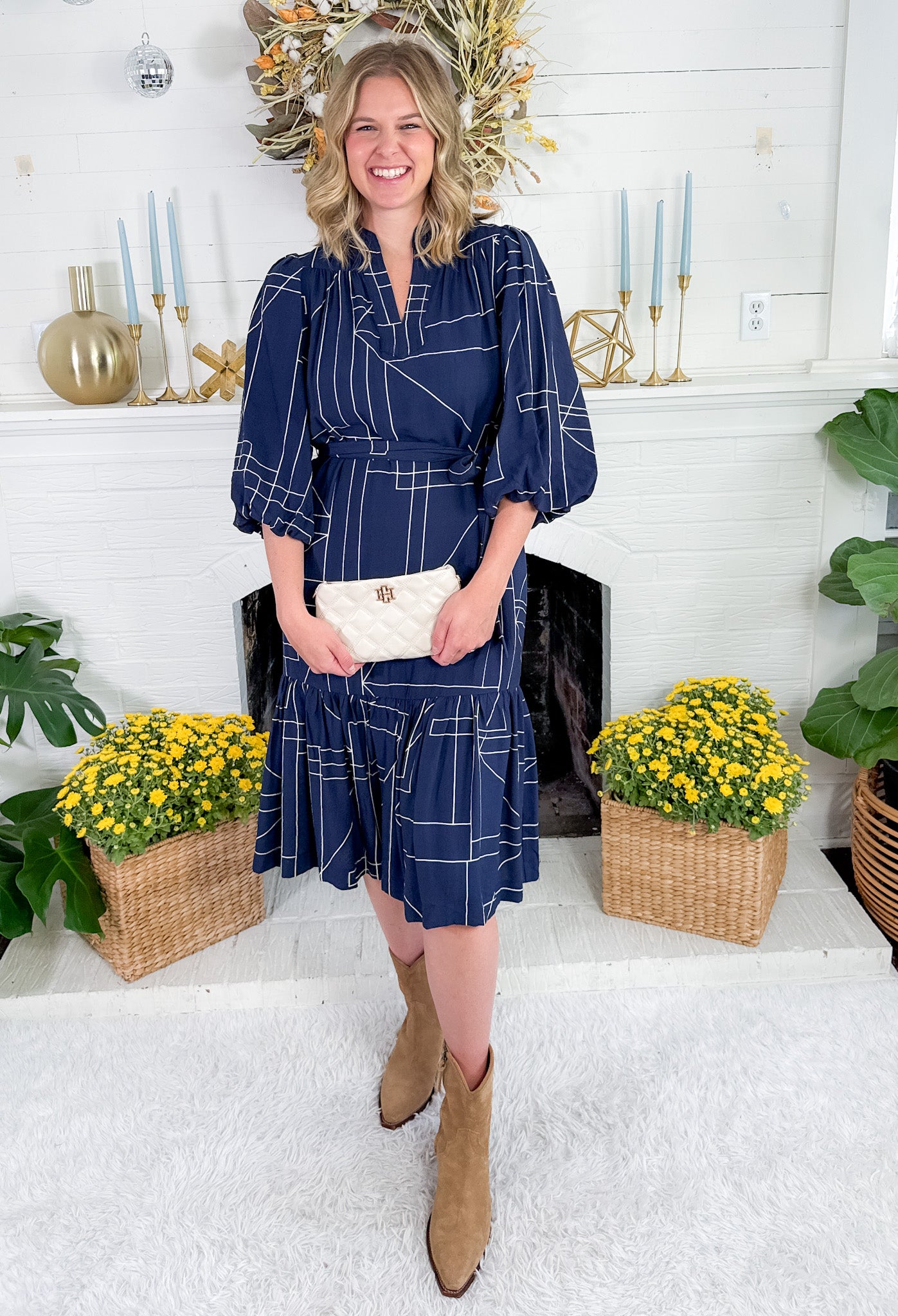 Montana Navy Stand Collar Midi Dress