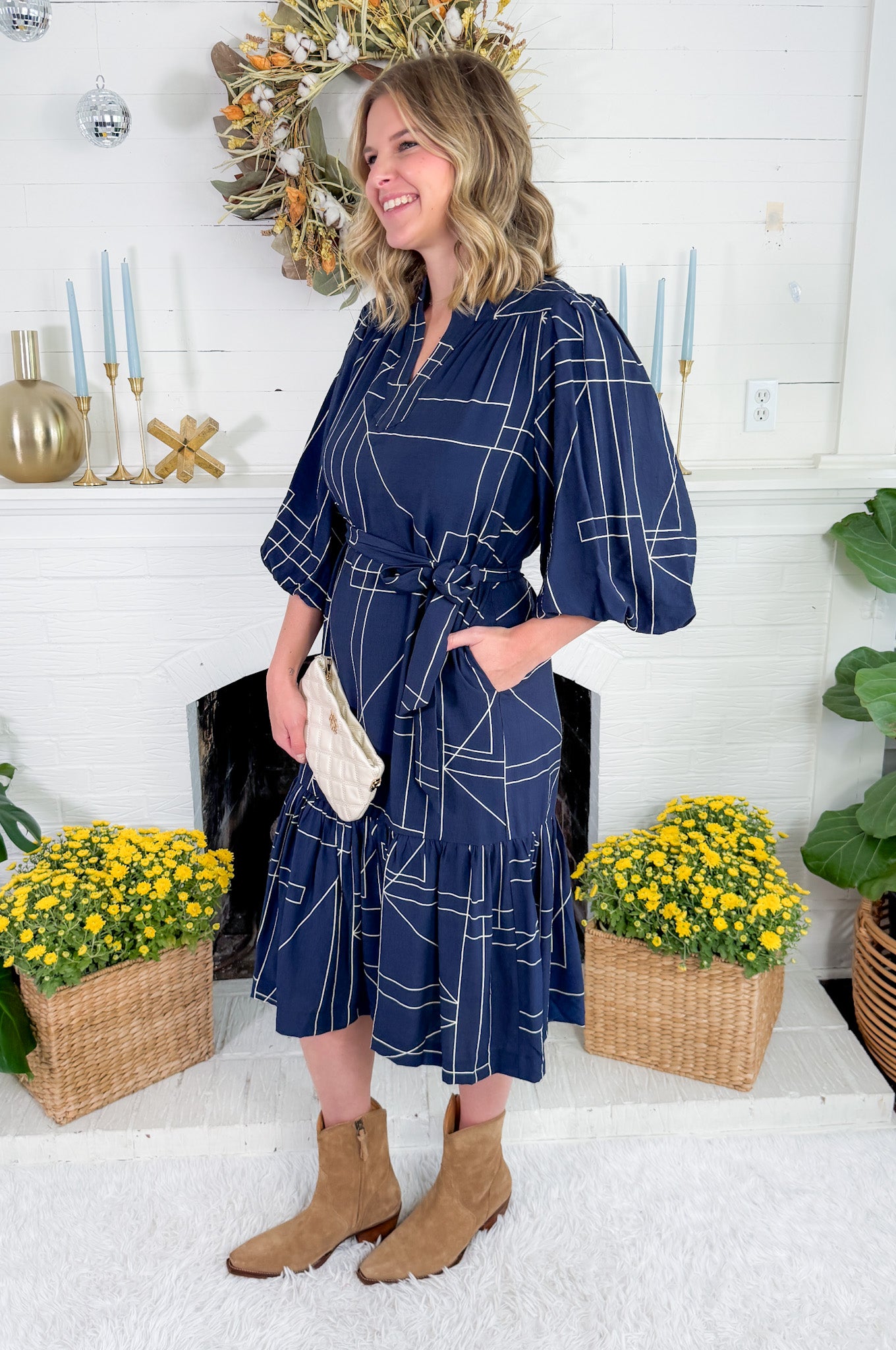 Montana Navy Stand Collar Midi Dress