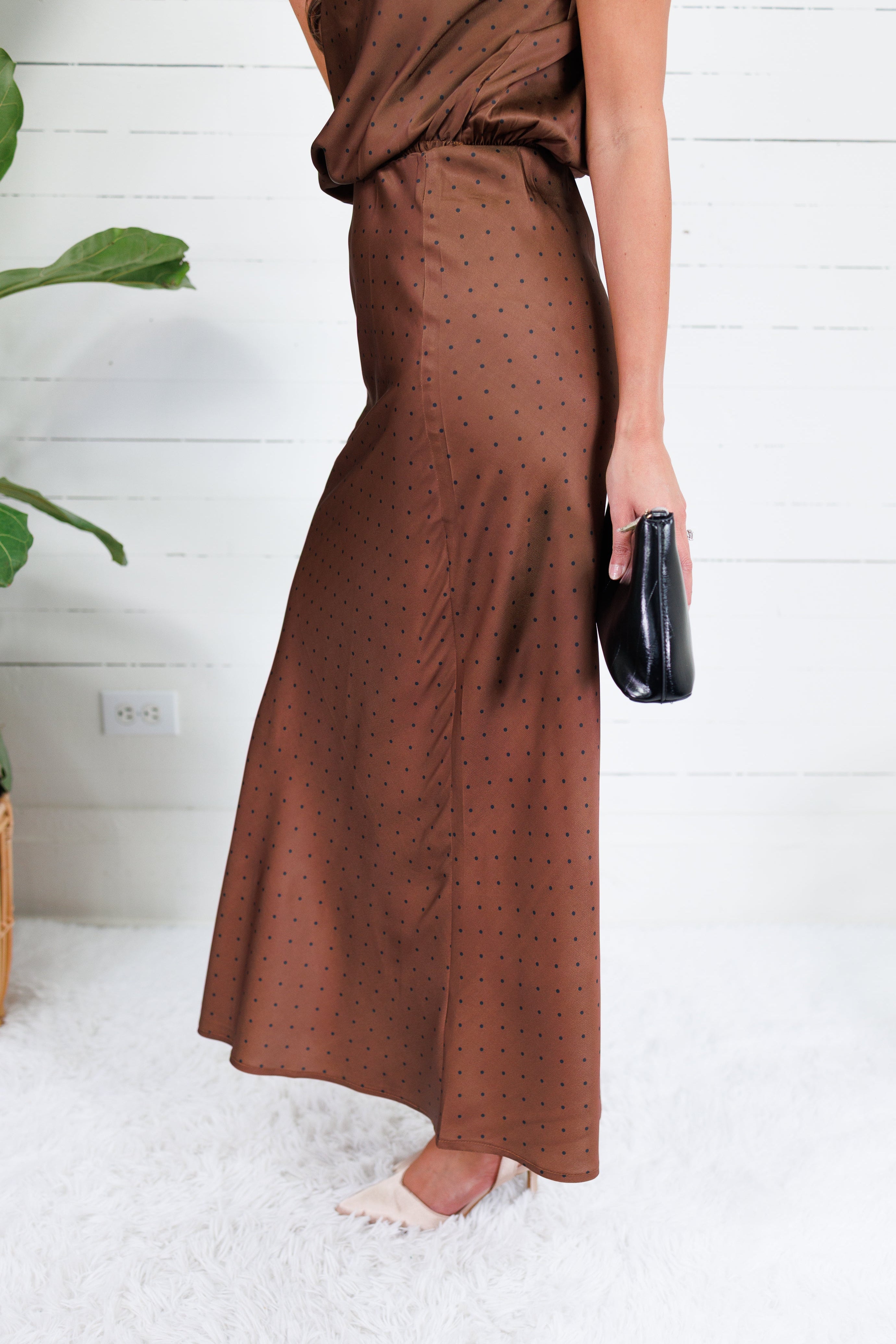 Montgomery Mocha Polka Dot Satin Skirt Glam