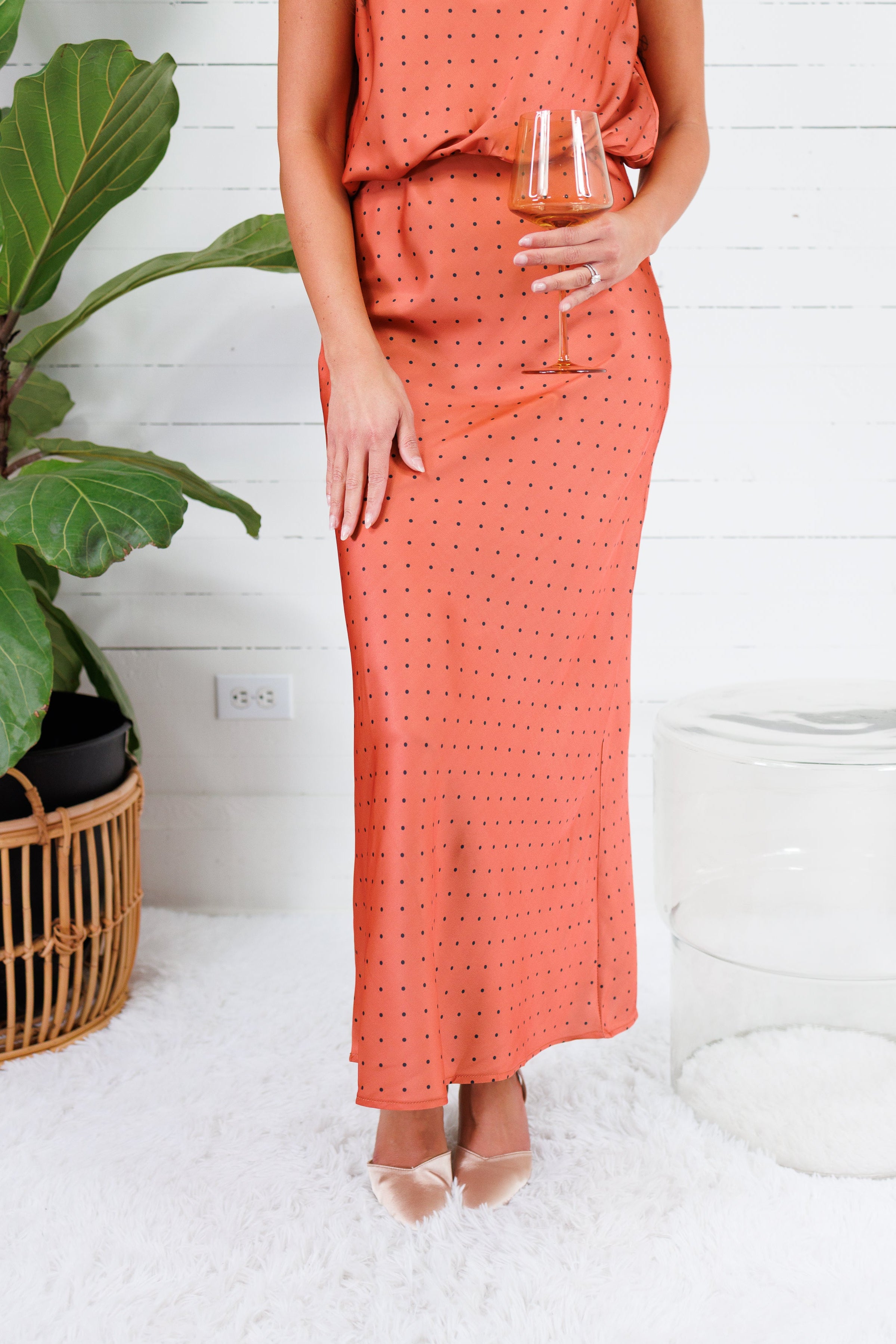 Montgomery Rust Polka Dot Satin Skirt Glam