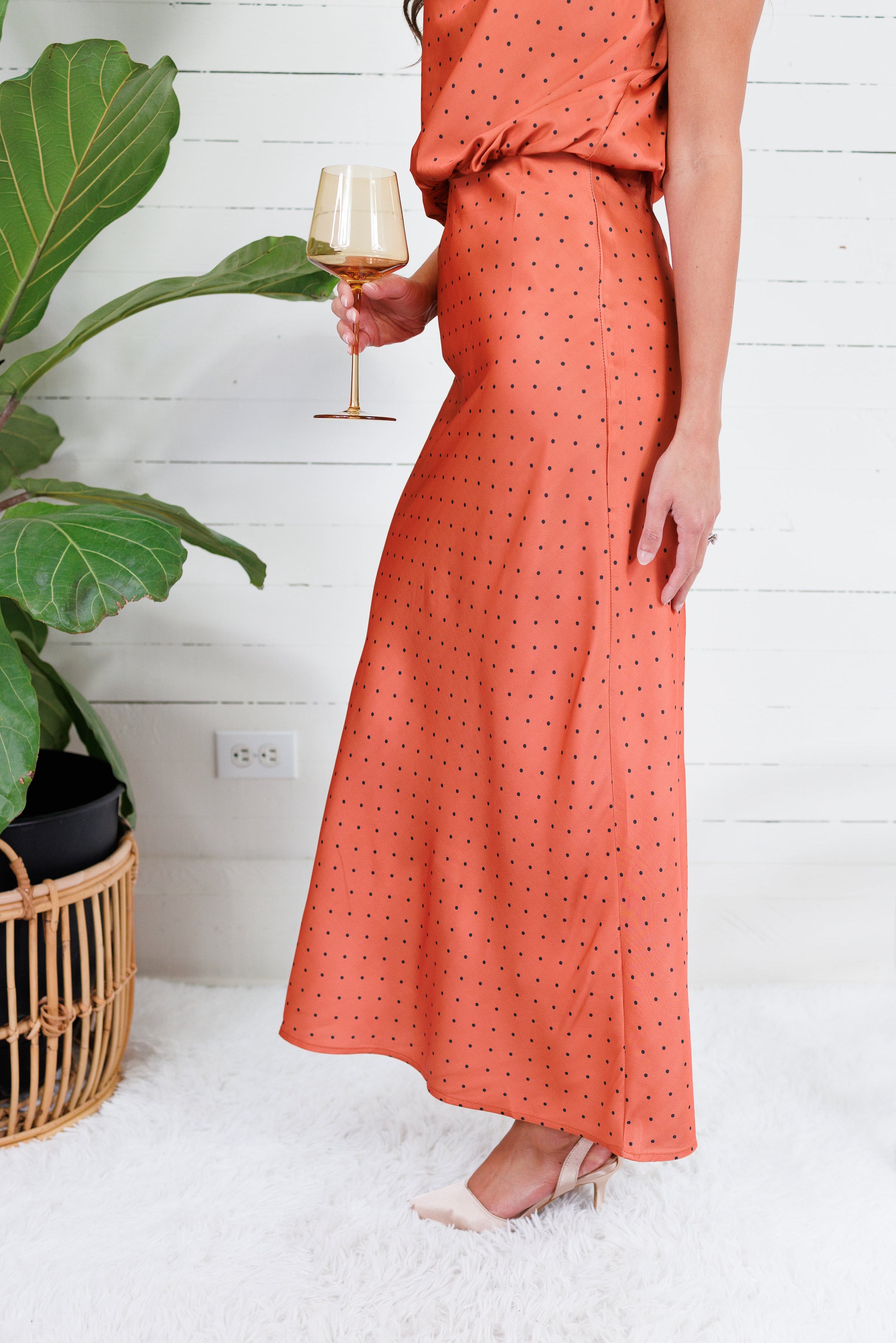 Montgomery Rust Polka Dot Satin Skirt Glam