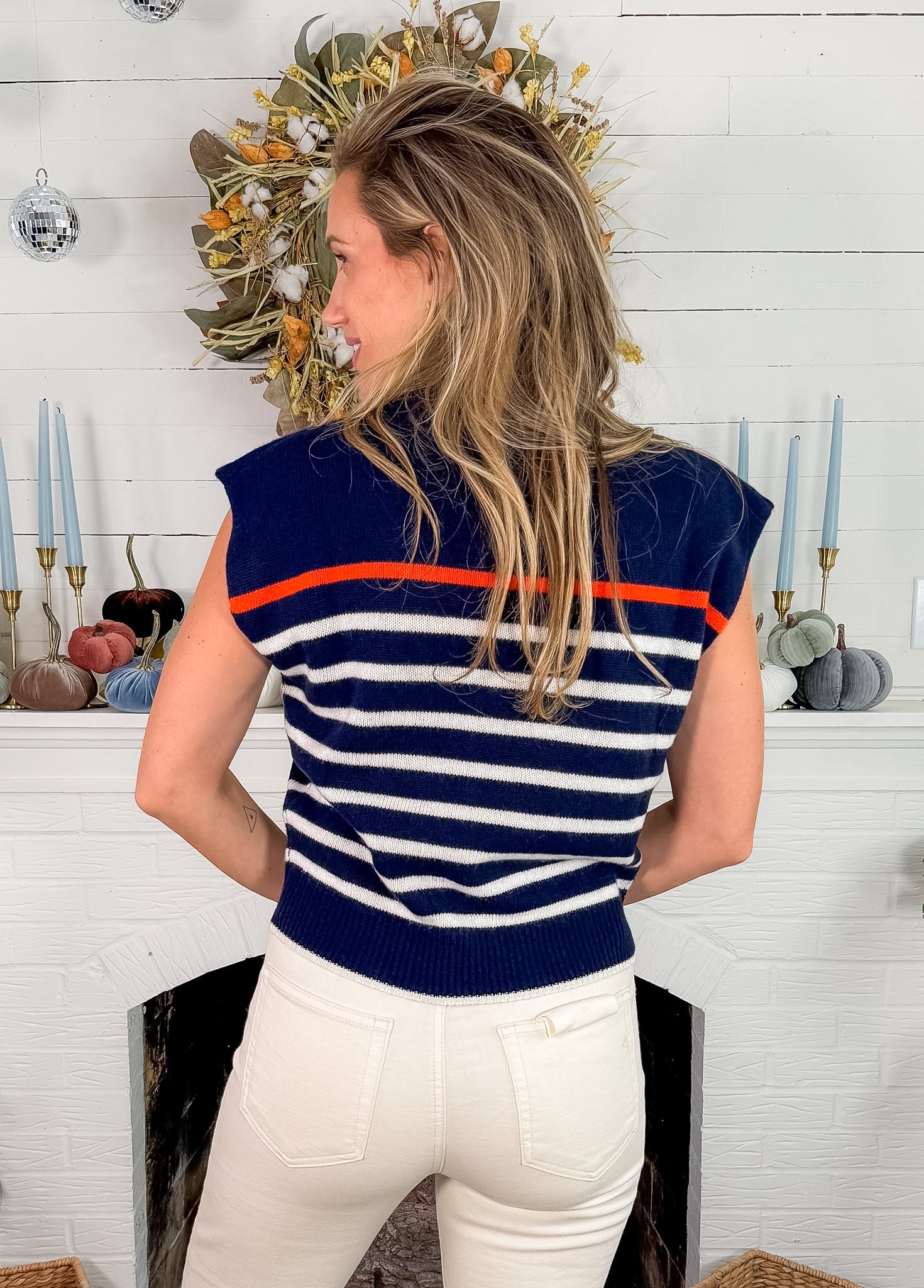 Morrison Navy Striped Cashmere Sleeveless Sweater THML