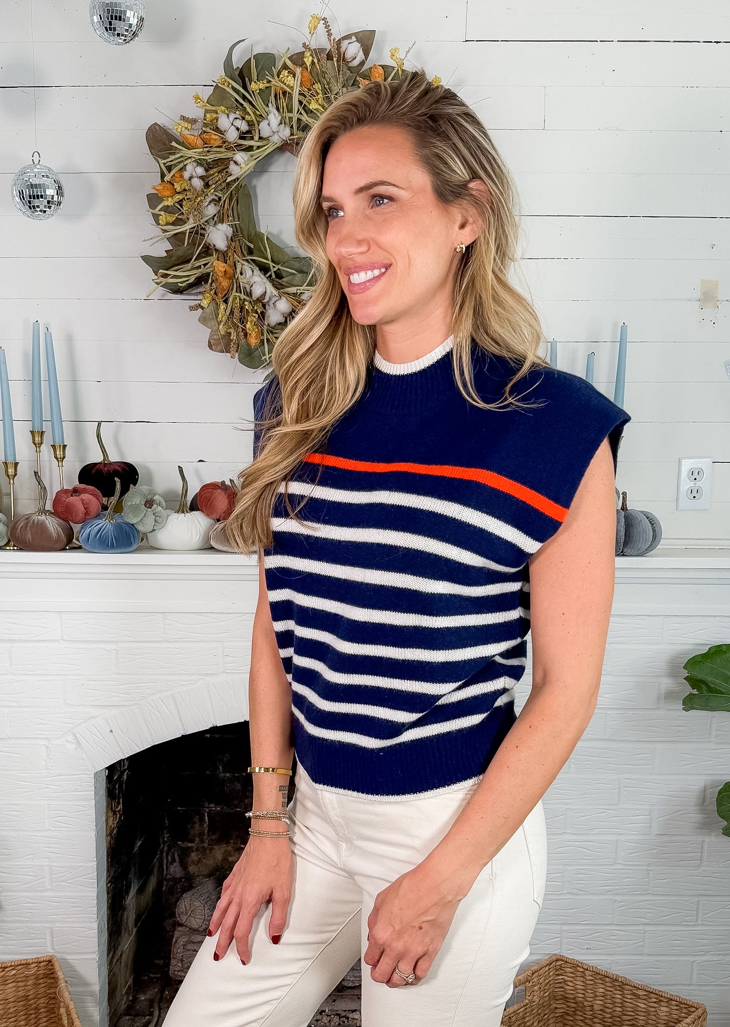 Morrison Navy Striped Cashmere Sleeveless Sweater THML