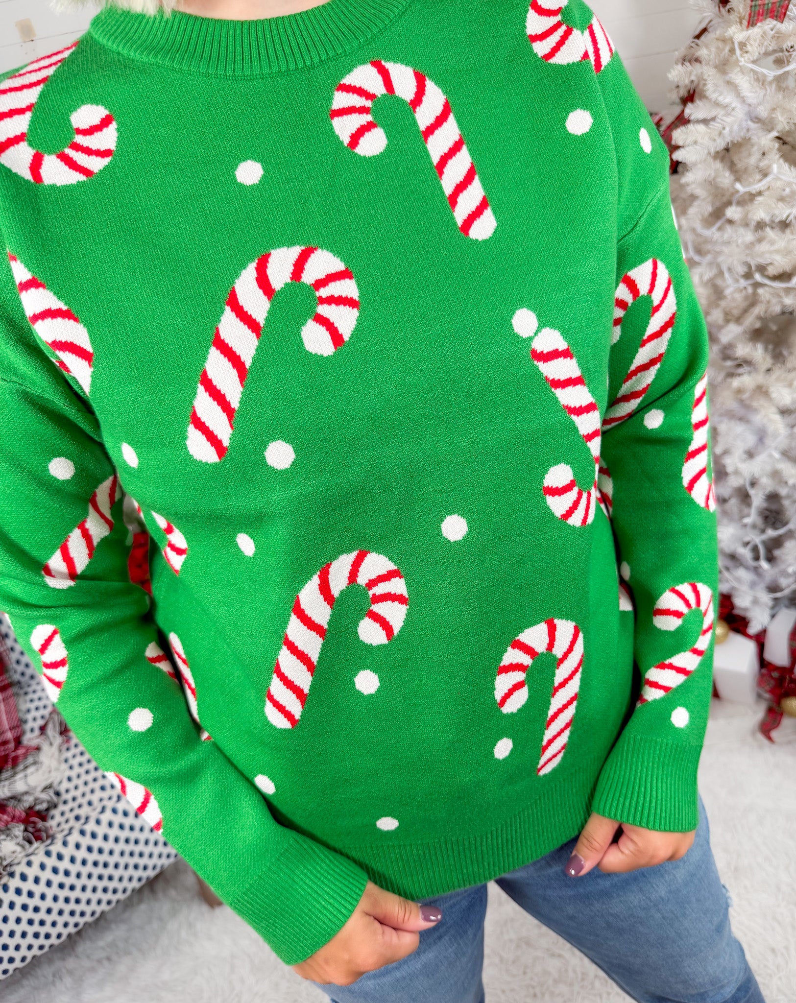Moseley Green Christmas Candy Cane Sweater Staccato