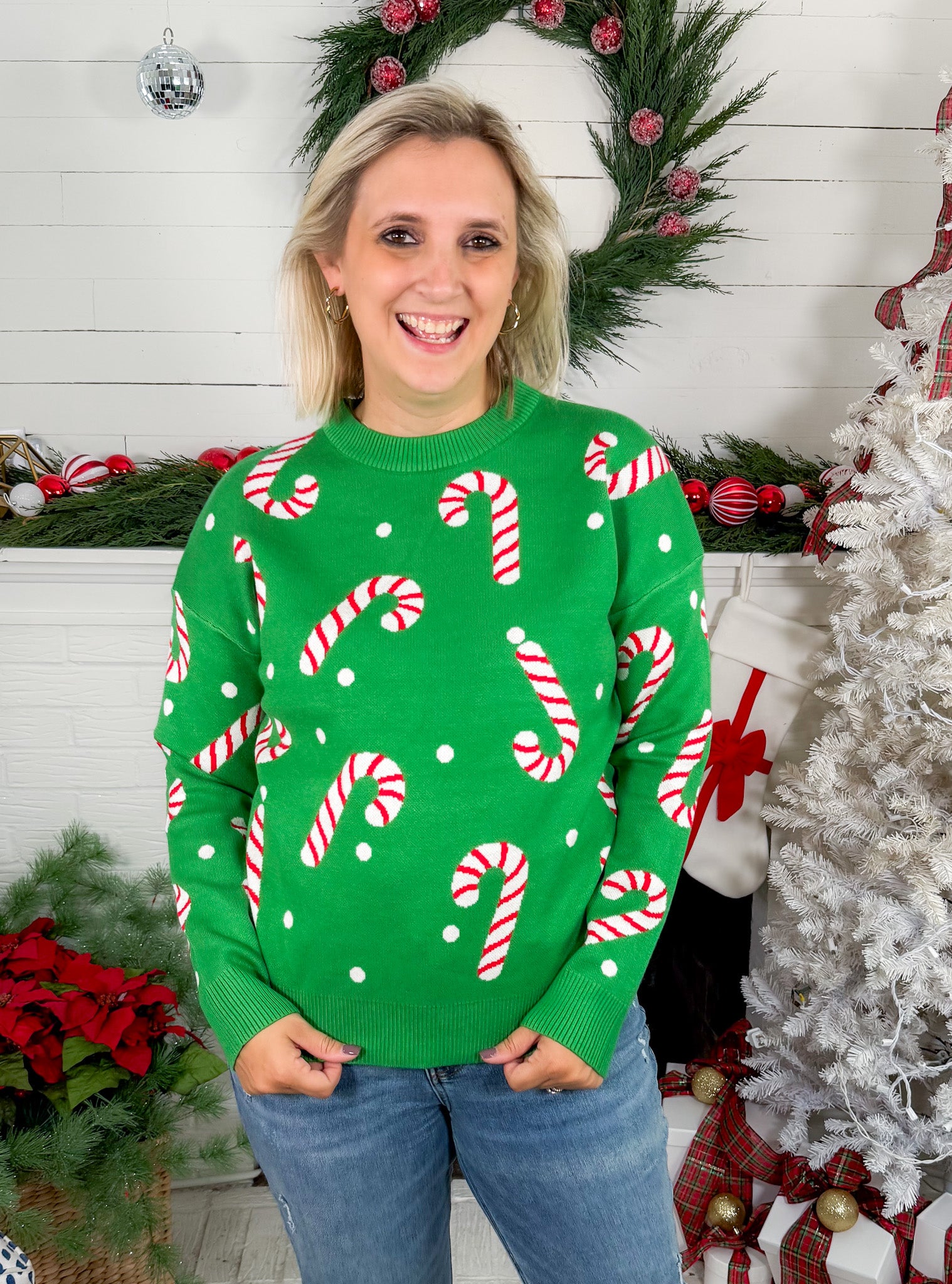 Moseley Green Christmas Candy Cane Sweater Staccato