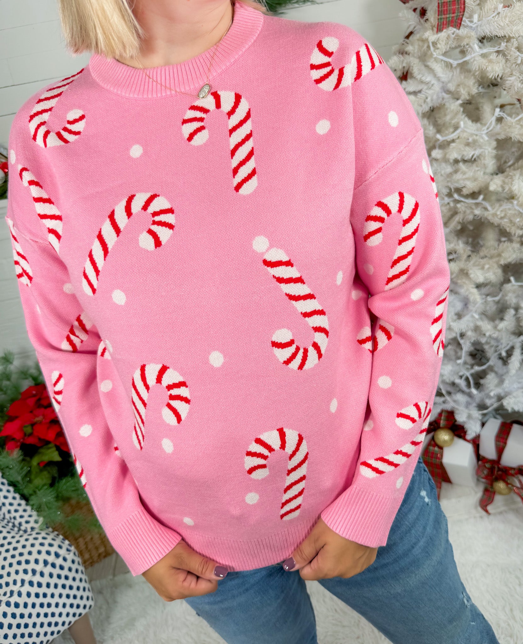 Moseley Pink Christmas Candy Cane Sweater Staccato