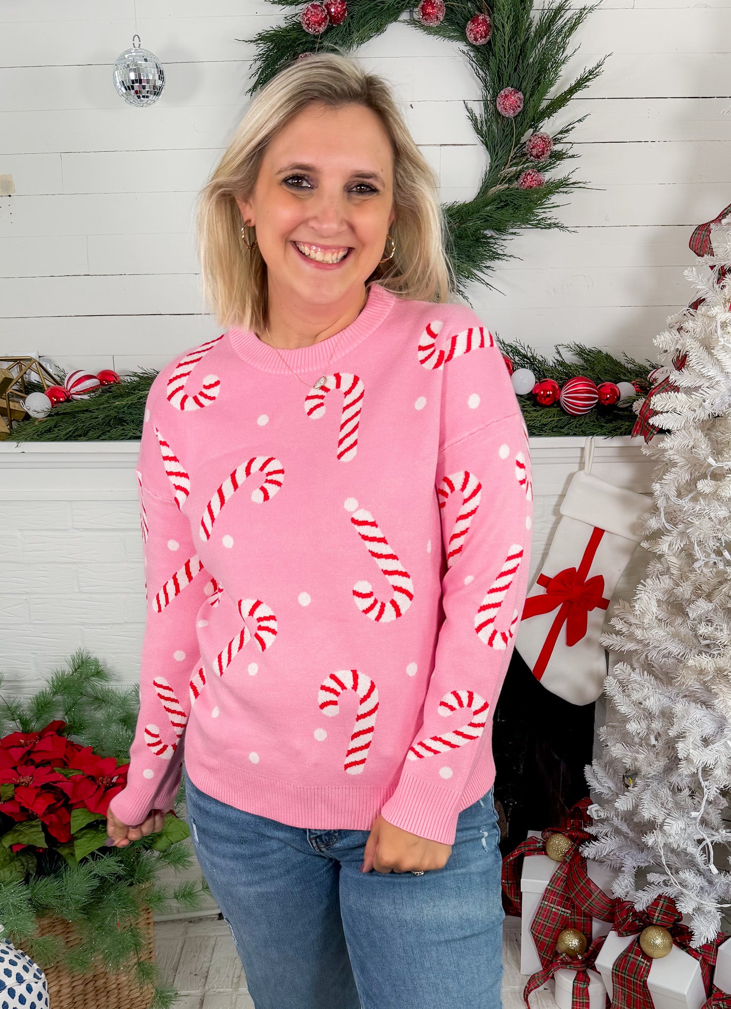 Moseley Pink Christmas Candy Cane Sweater Staccato