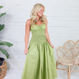 Livvy Bright Olive Smocked Cami Maxi Dress