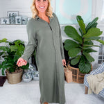 Navarre Dark Sage Gauze Button Front Maxi Dress Bobi