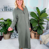 Navarre Dark Sage Gauze Button Front Maxi Dress Bobi