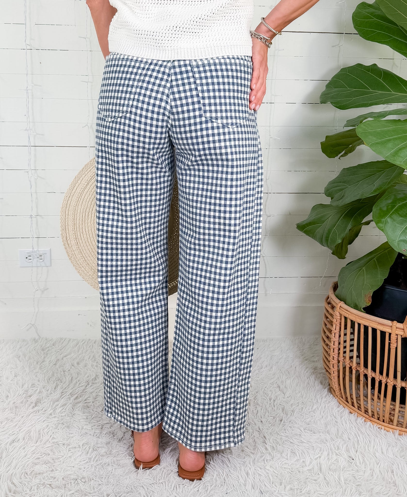 Neely Navy Gingham Wide Leg Jean Just Black Denim