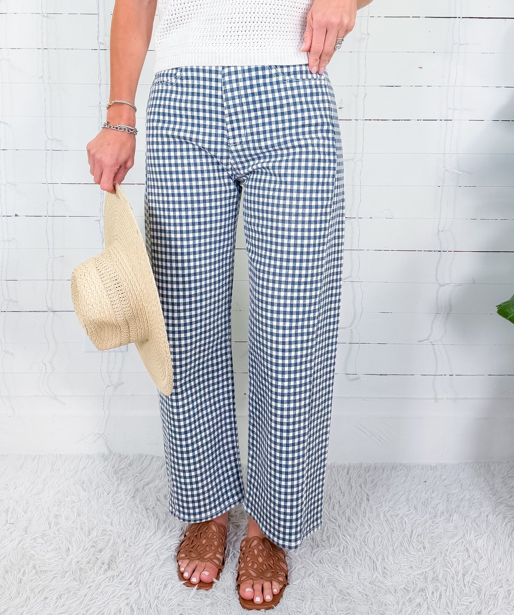 Neely Navy Gingham Wide Leg Jean Just Black Denim