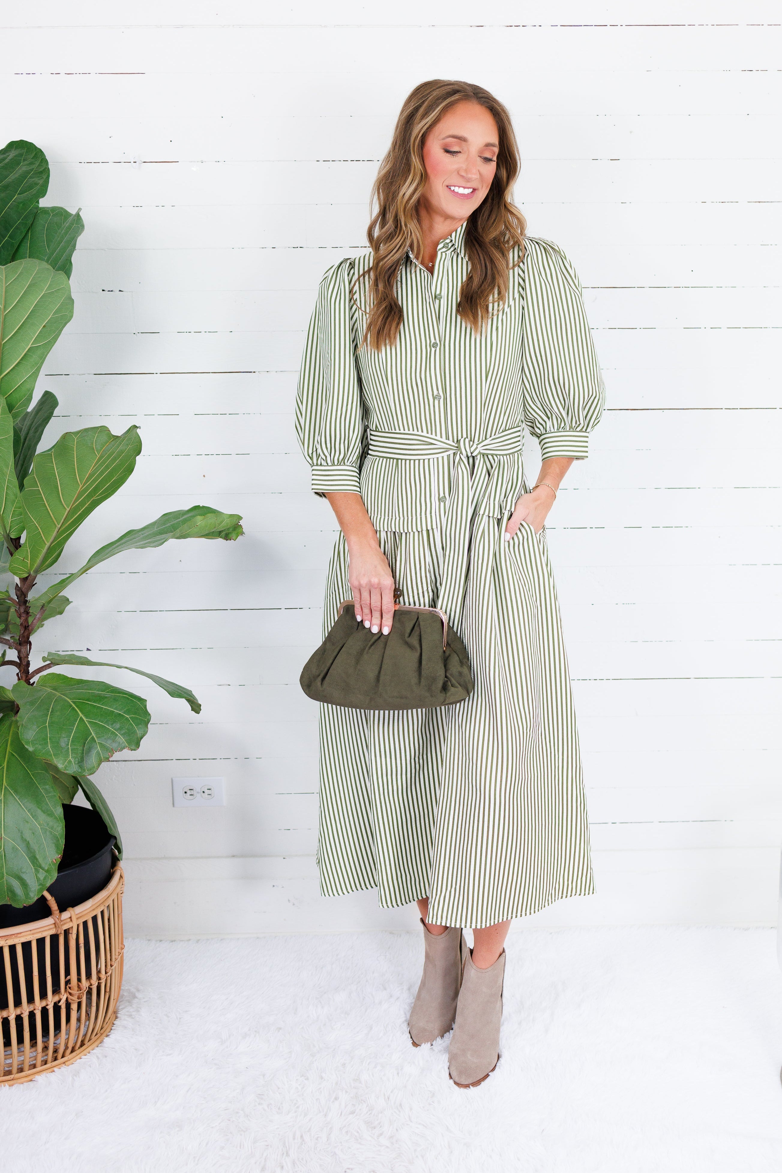 Neville Olive Striped Maxi Shirt Dress Entro