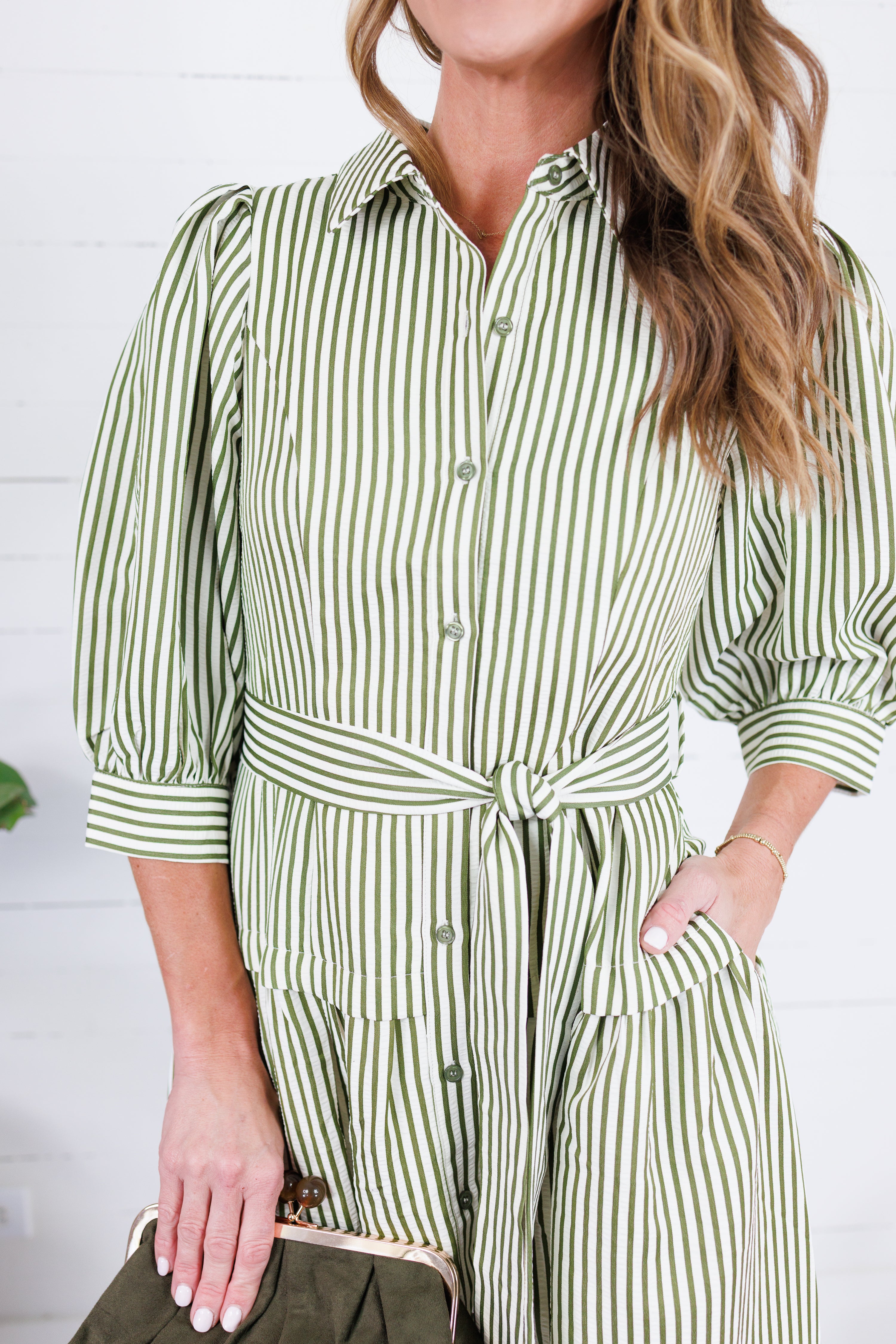 Neville Olive Striped Maxi Shirt Dress Entro