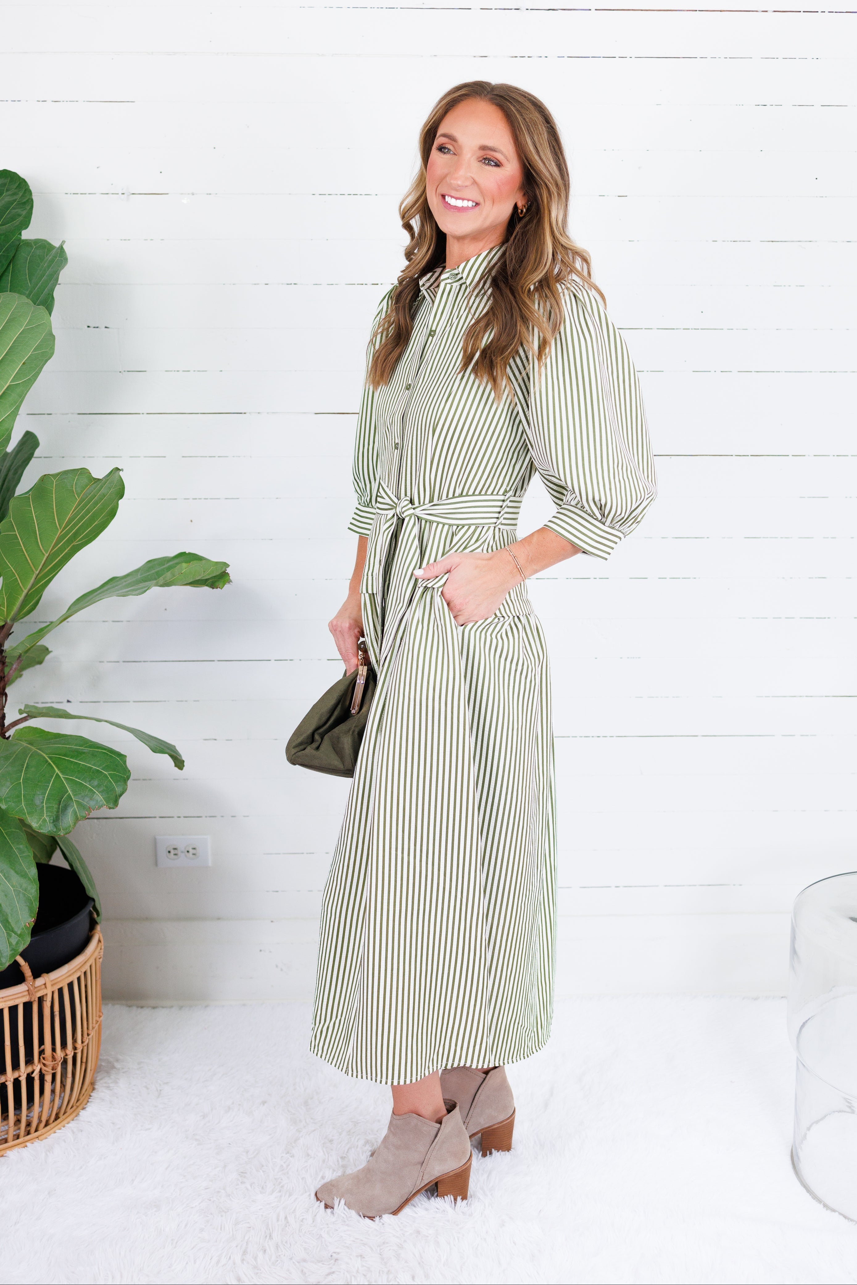 Neville Olive Striped Maxi Shirt Dress Entro